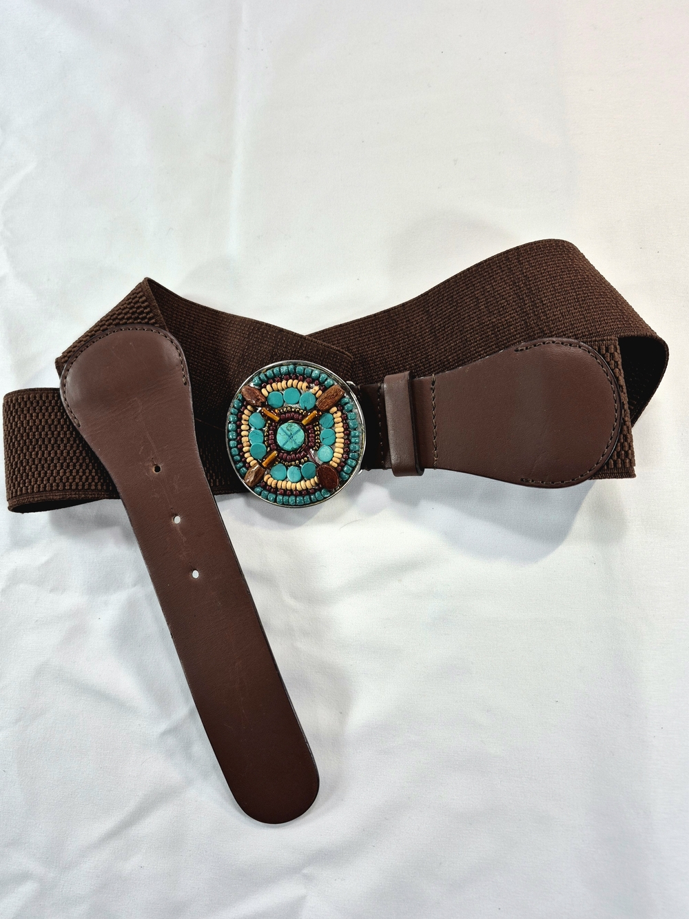 NWOT Chico's Brown Elastic Stretch Belt Southwestern Turquoise Beaded Buckle